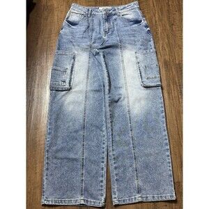 Love Cult Jeans Women Medium Cargo Pockets Wide Leg High Rise Denim Streetwear 9